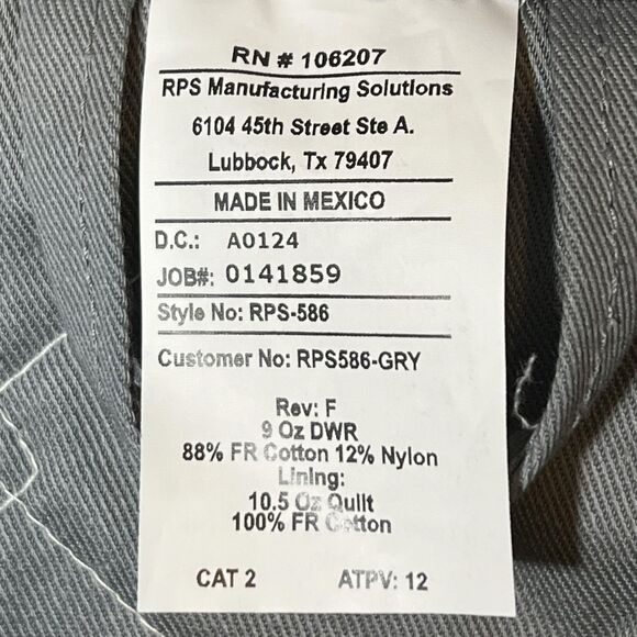 Crude FR Insulated Work Jacket Mens XL Gray CAT2 ATPV12 2112 Quilt Lined RPS-586 - Picture 6 of 12